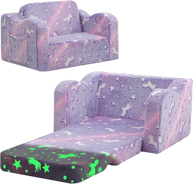 MeMoreCool Glowing Lavender Unicorn Kids Chair, 2-in-1 Convertible Kids Couch by MeMoreCool