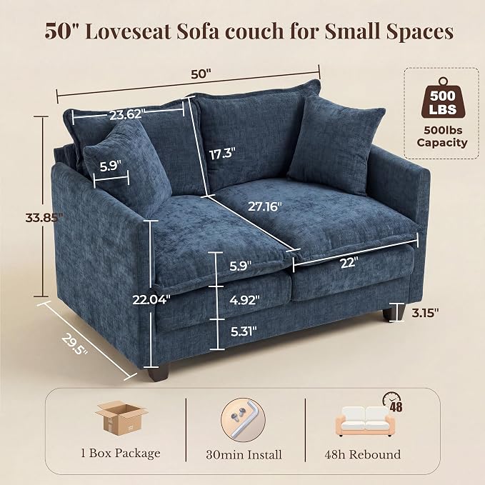 Loveseat Sofa with Cloud 3-Layer Cushion & 27" Deep Seat, Modern Small Couch - Image 2