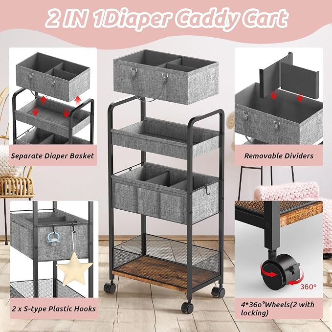 LIDTOP 2In1 Baby Diaper Caddy & 3-Tier Rolling Diaper Cart, Diaper Caddy - Image 6
