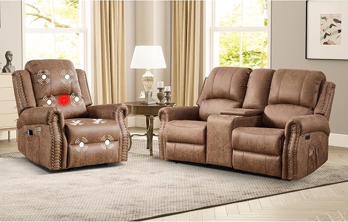 EBELLO 2-Piece Manual Recliner Sofa Set, Faux Leather Message Single Recliner by EBELLO