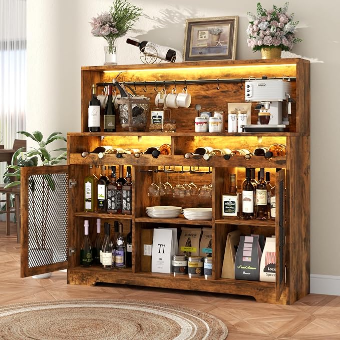 Loomie Wine Bar Cabinet with LED Light, Liquor Cabinet with Glass Holder - Image 4