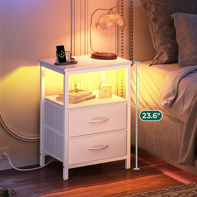 Huuger Night Stand with Charger Station and LED Lights, 2 Drawer Nightstand - Image 4