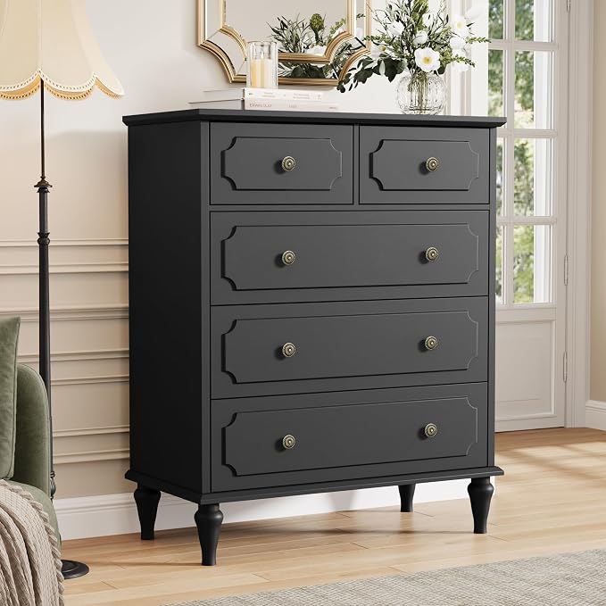 Black Dresser for Bedroom with 5 Drawers, Vintage Tall Dresser with Smooth by Home