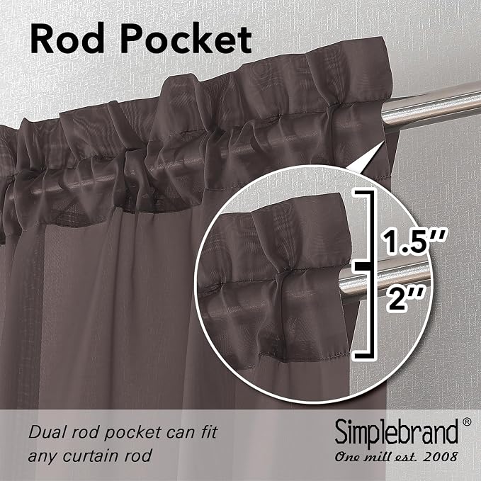 Simplebrand Chocolate Sheer Curtains 63 Inch Length 2 Panels, Rod Pocket Solid - Image 2