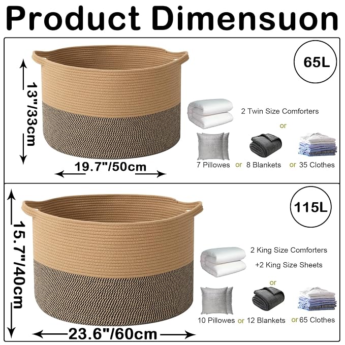 115L Extra Large Blanket Basket, Woven Rope Laundry Basket Hamper - Image 2