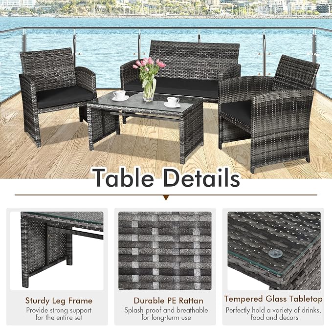 Goplus 4-Piece Rattan Patio Furniture Set, Outdoor Wicker Conversation Sofa - Image 3