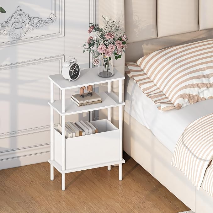 Narrow Side Table with Fabric Basket, End Table - Image 2