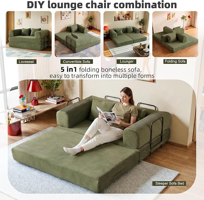 59in Convertible Sofa Bed, Corduroy Boneless Couch Bed, Futon Sleeper Sofa Pull - Image 3