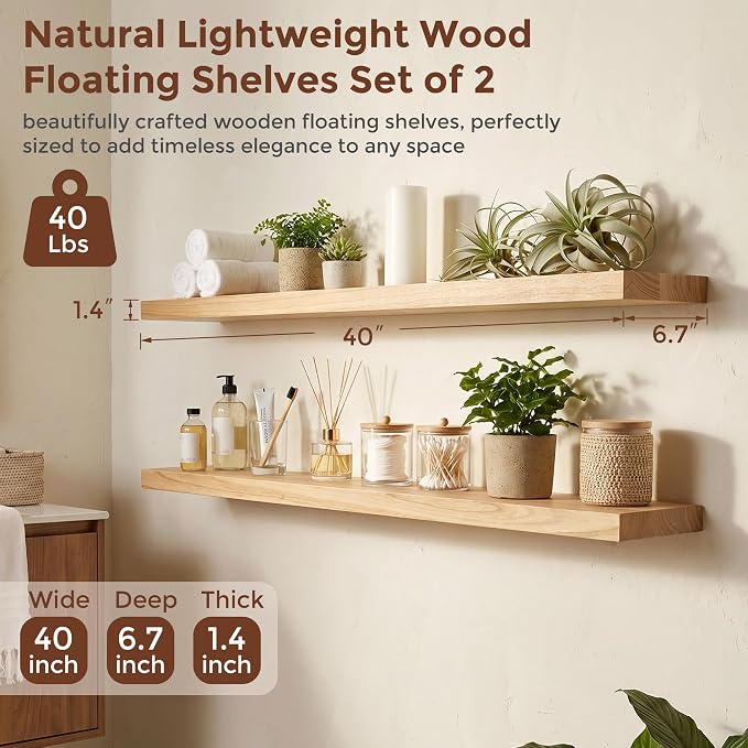 fuqing 40 Inch Floating Shelves | 6.7 Inch Deep Natural Wood Shelves Set of 2 | - Image 3