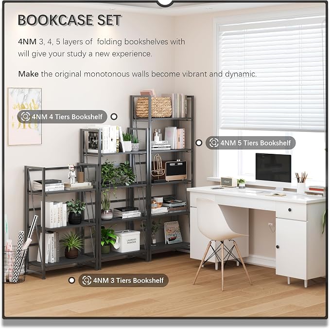 4NM No Assembly Folding Bookshelf Storage Shelves 4 Tiers Vintage Bookcase - Image 5
