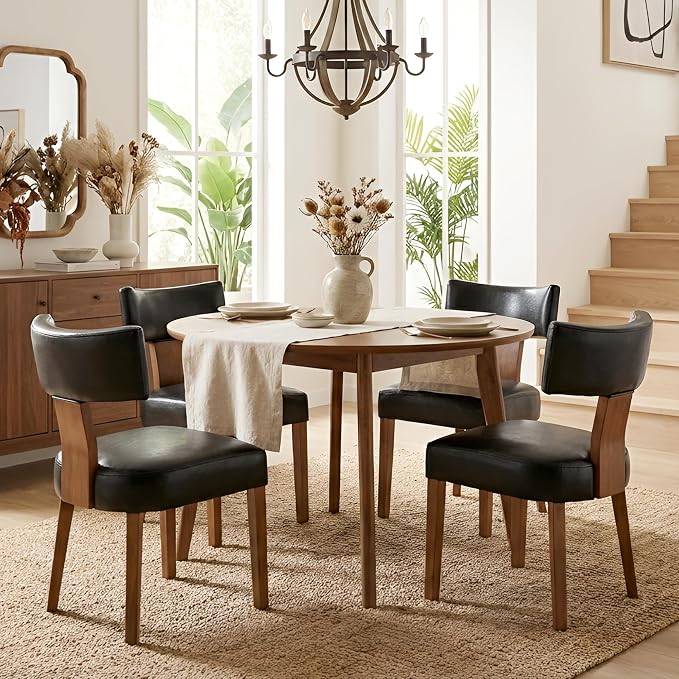 HNY Mid Century Modern Dining Chairs Set of 4, Farmhouse PU Leather Upholstered by HNY