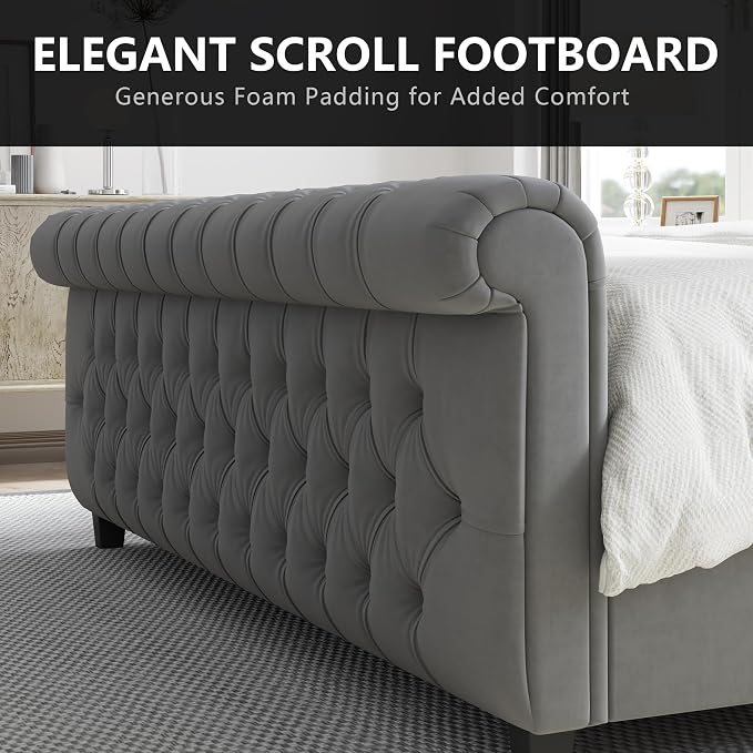 AMERLIFE King Size Platform Bed Frame, Velvet Upholstered Sleigh Bed - Image 5