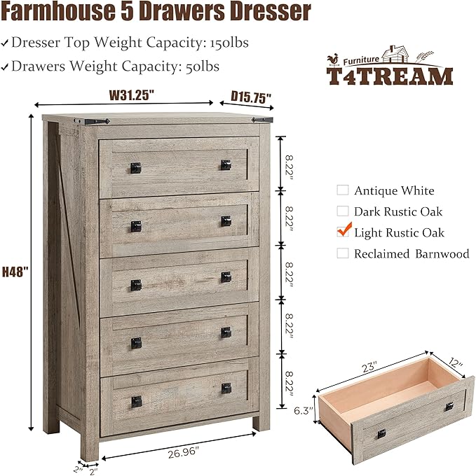 T4TREAM Farmhouse 5 Drawers Dresser Chests - Image 2