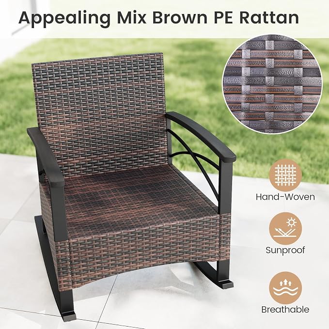 Tangkula 3 Pieces Outdoor Rocking Chairs Set, Rattan Heavy Duty Cushioned - Image 6