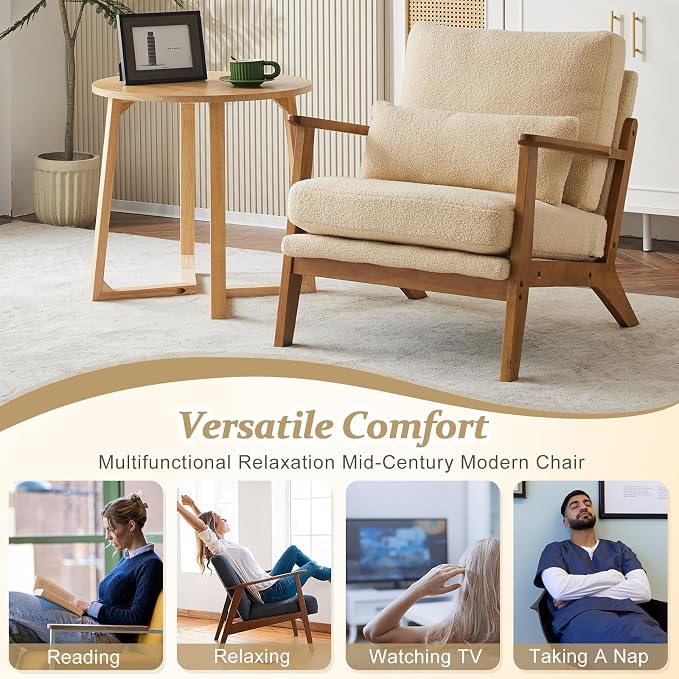 VINGLI Solid Wood Wide Armrests Accent Chair Set of 2, Upholstered Mid Century - Image 7