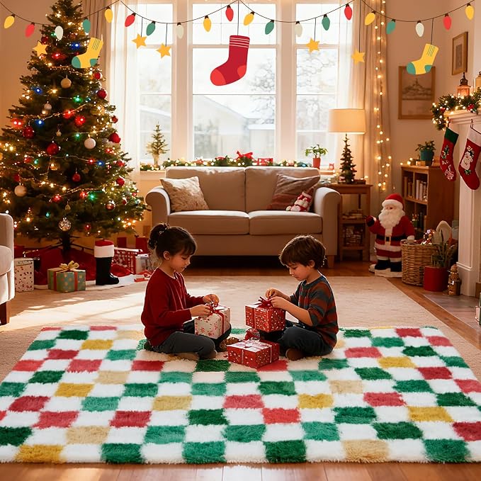 Checkered Area Rug 5x8 for Bedroom Living Room, Christmas Shag Rug Fuzzy Shaggy - Image 2