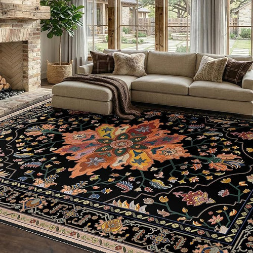 Area Rugs 7'x9' Washable Non-Slip, Floral Vintage Distress Print Pattern by RELEANY