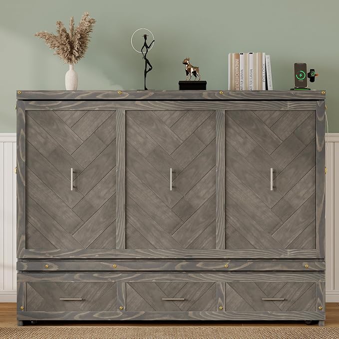 KEIKI Queen Murphy Bed Cabinet Charging Station & Geometrical Panel, Pine Wood by KEIKI