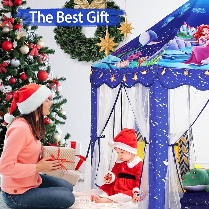 Monobeach Mermaid Princess Tent Girls Blue Large Playhouse Kids Castle Play Tent - Image 4