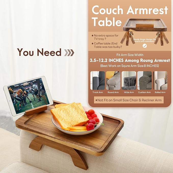 SINWANT Couch Arm Table, Acacia Wood Sofa Arm Rest Tables Couch Armrest Table - Image 3