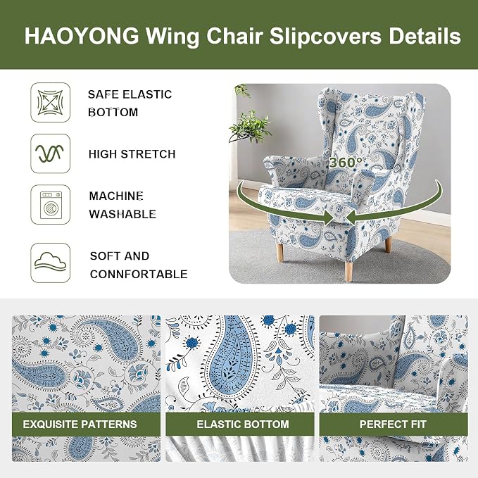 HAOYONG Wing Chair Slipcovers Printed Wingback Chair Covers 2 Pieces Wingback - Image 4