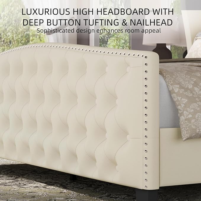 BRELTAM Upholstered Queen Size Bed Frame Velvet Beige Tufted Platform Bed Frame - Image 4