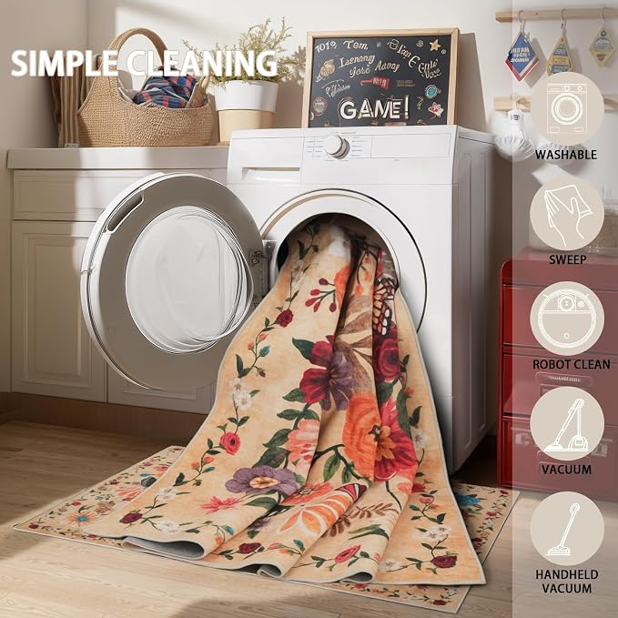 Area Rugs 9x12 Living Room Washable Rug Non Slip Floral Low Pile Large Rug - Image 4