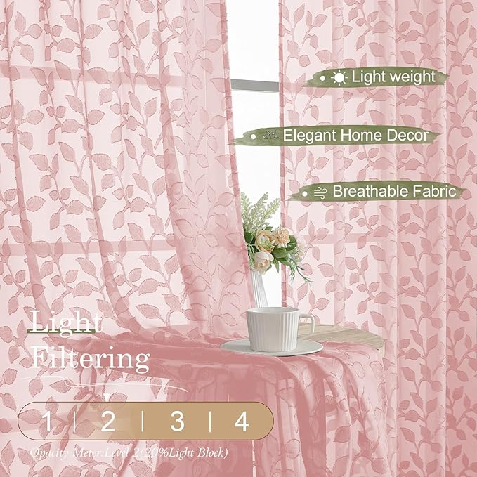 Chyhomenyc Blush Pink Sheer Curtains 63 Inch Length 2 Panels Set, Light - Image 2