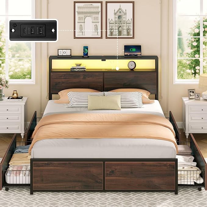 Rolanstar Queen Bed Frame with 4 Storage Drawers & 2-Tier Storage Headboard - Image 8