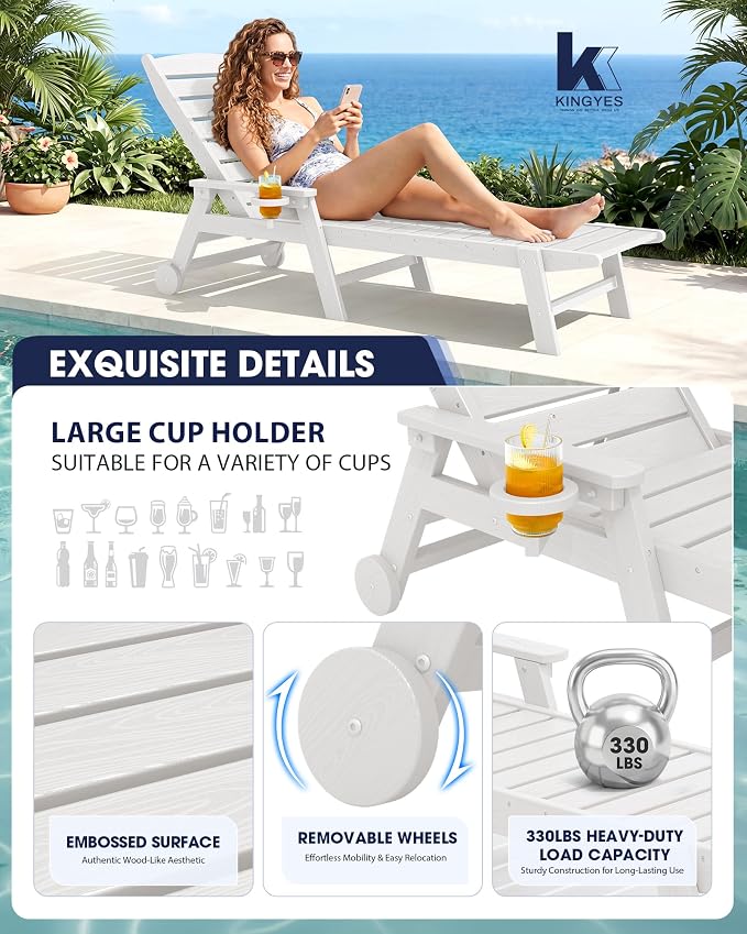 KINGYES HDPE Lounge Chair Outdoor Set of 2, Patio Chaise Lounge Recliner - Image 4