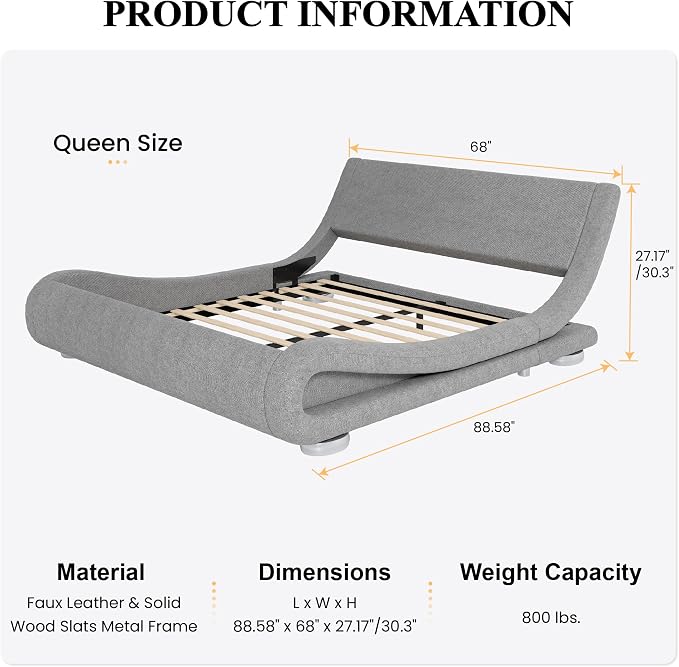 SHA CERLIN Queen Size Upholstered Bed Frame, Deluxe Low Profile Sleigh Bed - Image 2