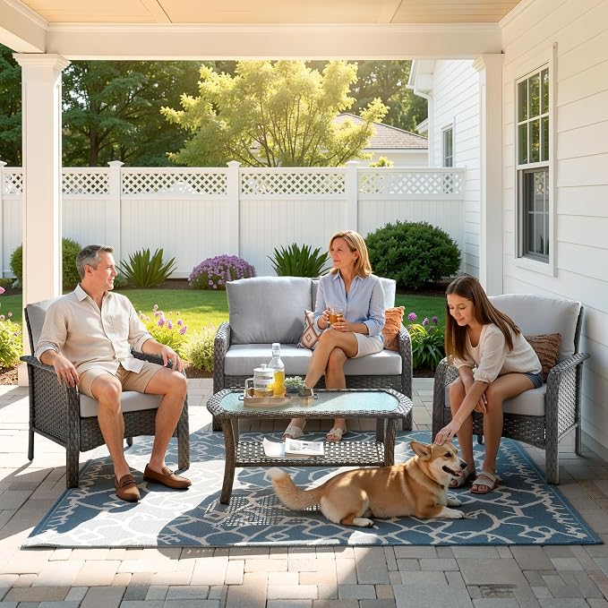 Weaxty Wicker Patio Furniture Set High Back Loveseat Sofa Couch Armchair Coffee - Image 9