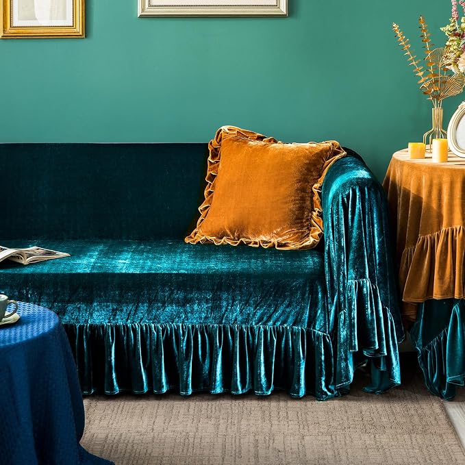 GLORY SEASON Velvet Sofa Cover Soft Decorative Luxurious Solid Exquisite Ruffle - Image 2