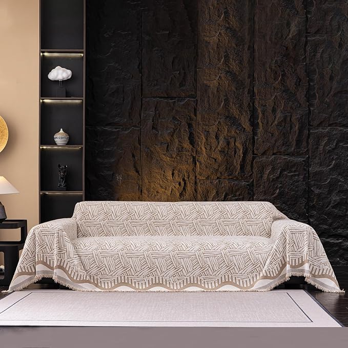 VClife Boho Couch Cover, Abstract Cream and Khaki Line Geometric Jacquard Couch - Image 2