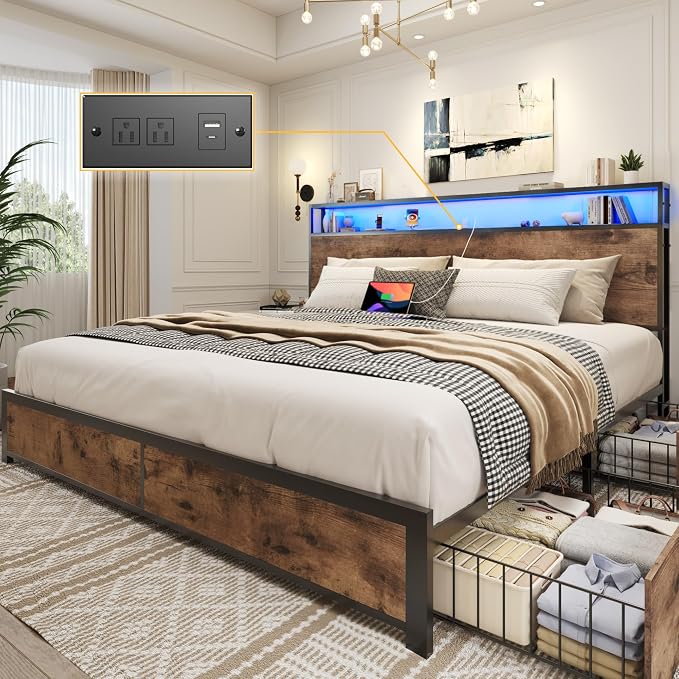 Lifezone King Bed Frame with 2-Tier Storage Headboard, Metal Platform Bed Frame by Lifezone