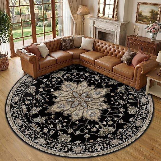 RELEANY Area Rugs Round 10ft Washable Non-Slip, Floral Vintage Distress Print by RELEANY