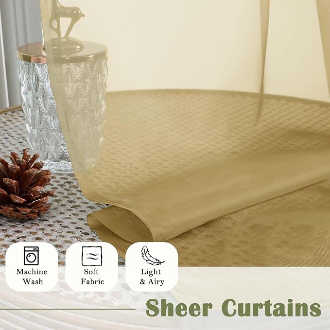 Lecloud Gold Sheer Curtains 90 Inches Long 2 Panels Set, Living Room Curtains - Image 8