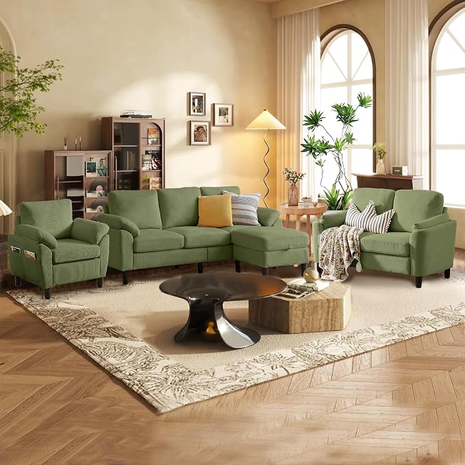 4 Piece Modern Corduroy Sofa Set, L-Shaped Sectional Couch - Image 3