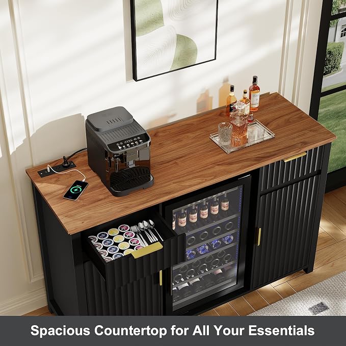 Coffee Bar with Mini Fridge Space & Charging Station, Modern Fluted Mini Fridge - Image 5