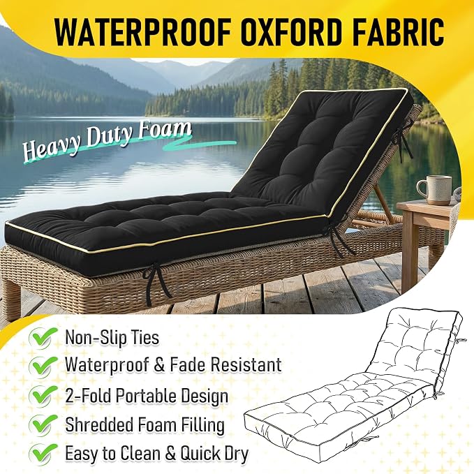 2 Pack 80x26 Inch Folding Chaise Lounge Cushion Quick Dry - Image 3