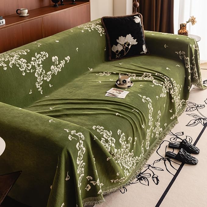 VClife Emerald Green Ginkgo Botanical Sofa Cover Non Slip Chenille Couch Cover - Image 9