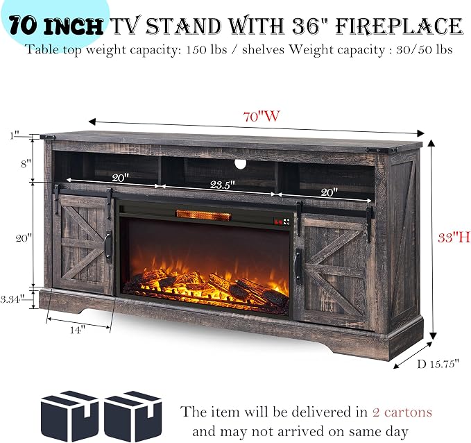 OKD Fireplace TV Stand for 80 Inch TV, Rustic Media Console w/Sliding Barn Door - Image 2