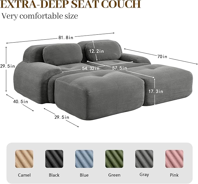 Boneless Sectional Couch, No Assembly Required, 81.8” U Shaped Modular Cloud - Image 3