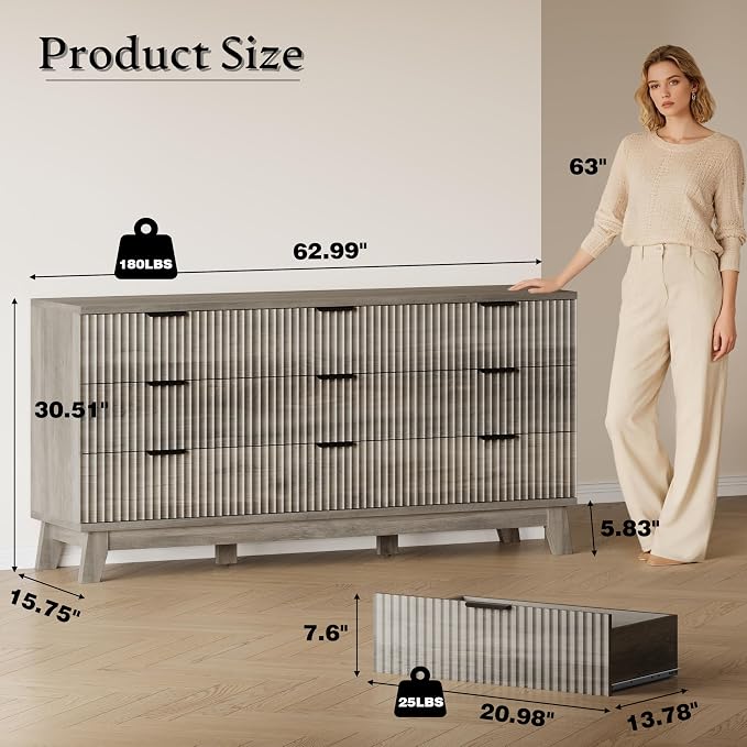 BORNOON 63" Long Dresser for Bedroom, 9-Drawer Fluted Dresser, Extra-Wide Wood - Image 2