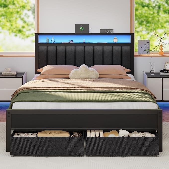 Furnulem Queen Bed Frame with Charging Station and LED Lights, Metal Platform by Furnulem