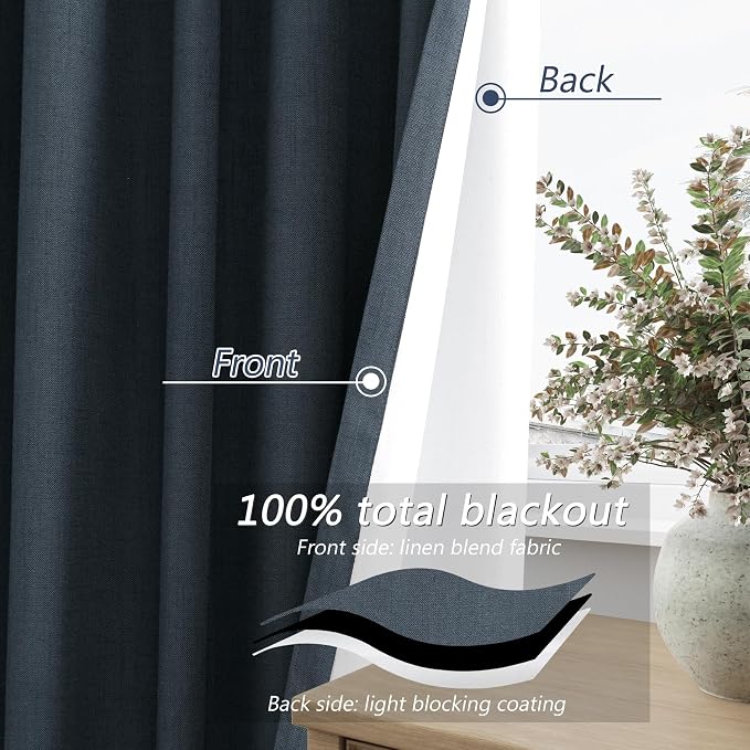 Guken 100% Blackout Linen Curtains 96 Inch Length 2 Panels Set - Image 4