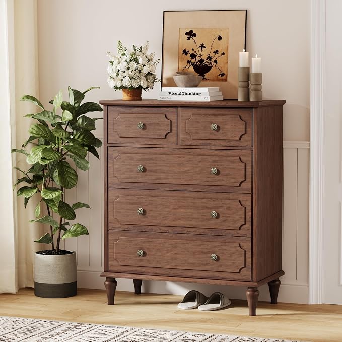 Brown Dresser for Bedroom with 5 Drawers, Vintage Tall Dresser with Smooth - Image 6