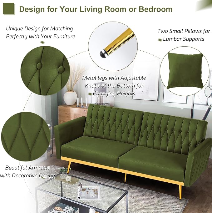 70” Velvet Futon Sofa Bed w/Adjustable Armrests & 2 Pillows, Convertible Futon - Image 4