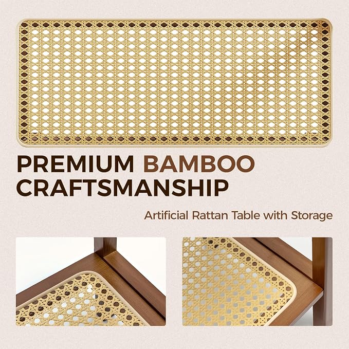 Rattan Side Table Mid Century Modern End Table Living Room 2-Tier End Table - Image 4
