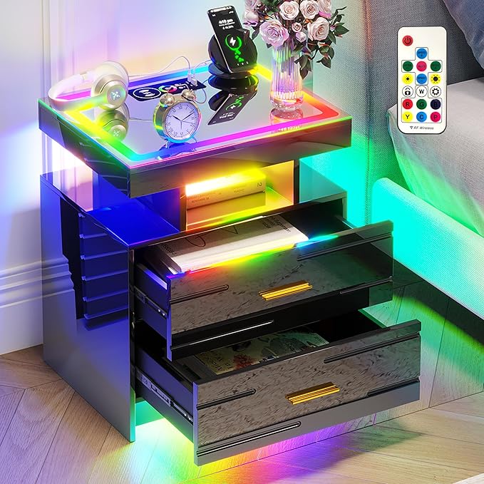 HNEBC RGB Nightstand with Wireless Charging Station, LED Night Stand with by HNEBC